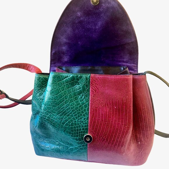 Sharif Vintage 80's USA Leather Shoulder Handbag Snakeskin Croc Print - Picture 8 of 15